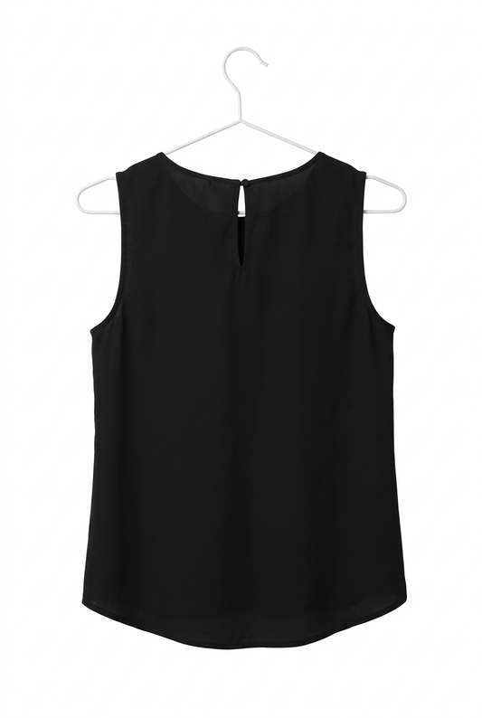 Black chiffon shell top – back view showing button neckline, white background