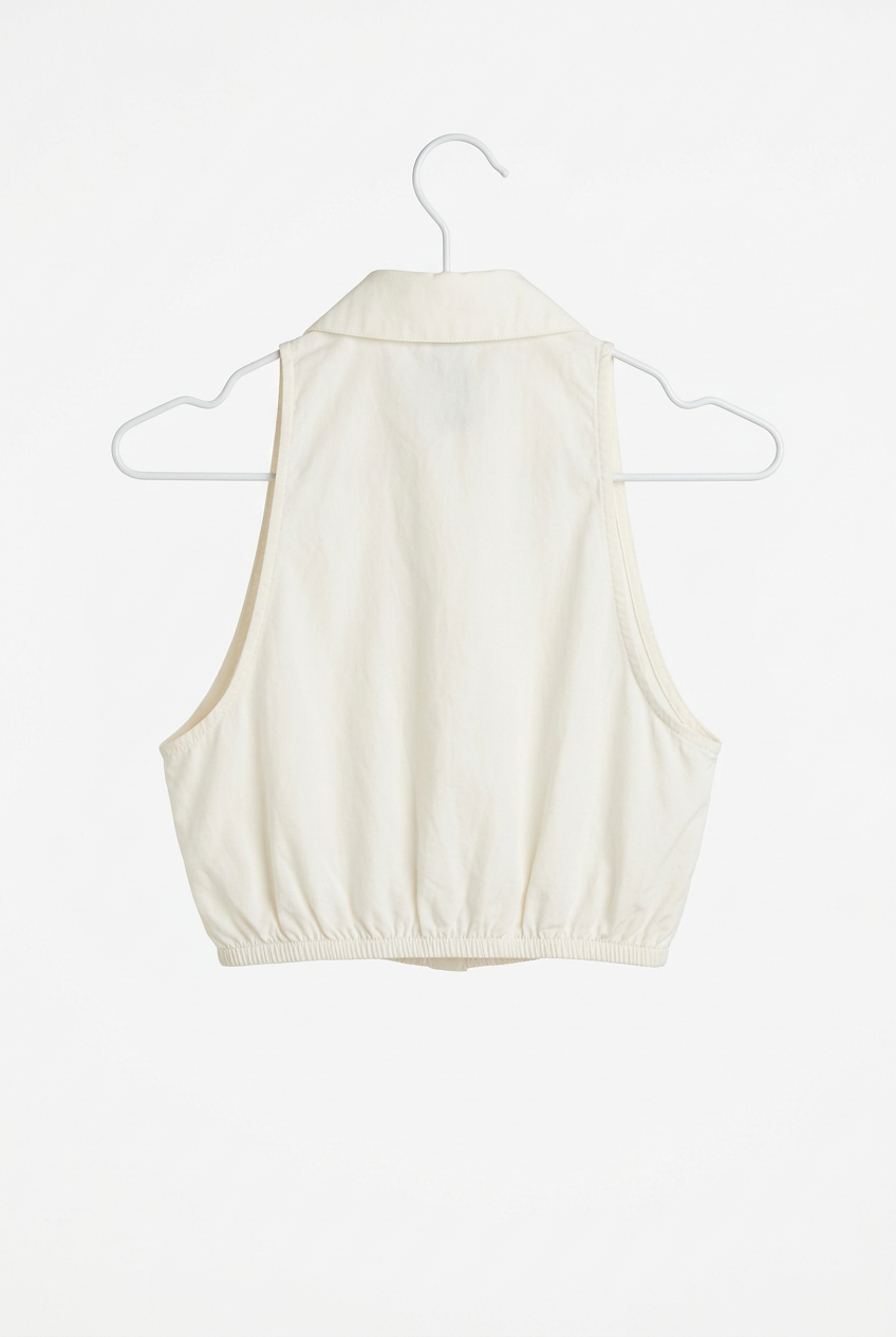 White sleeveless cropped shirt top – back view, white background