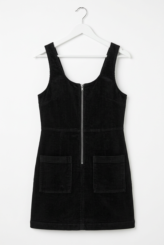 Black corduroy pinafore mini dress UK 6 – front view, white background