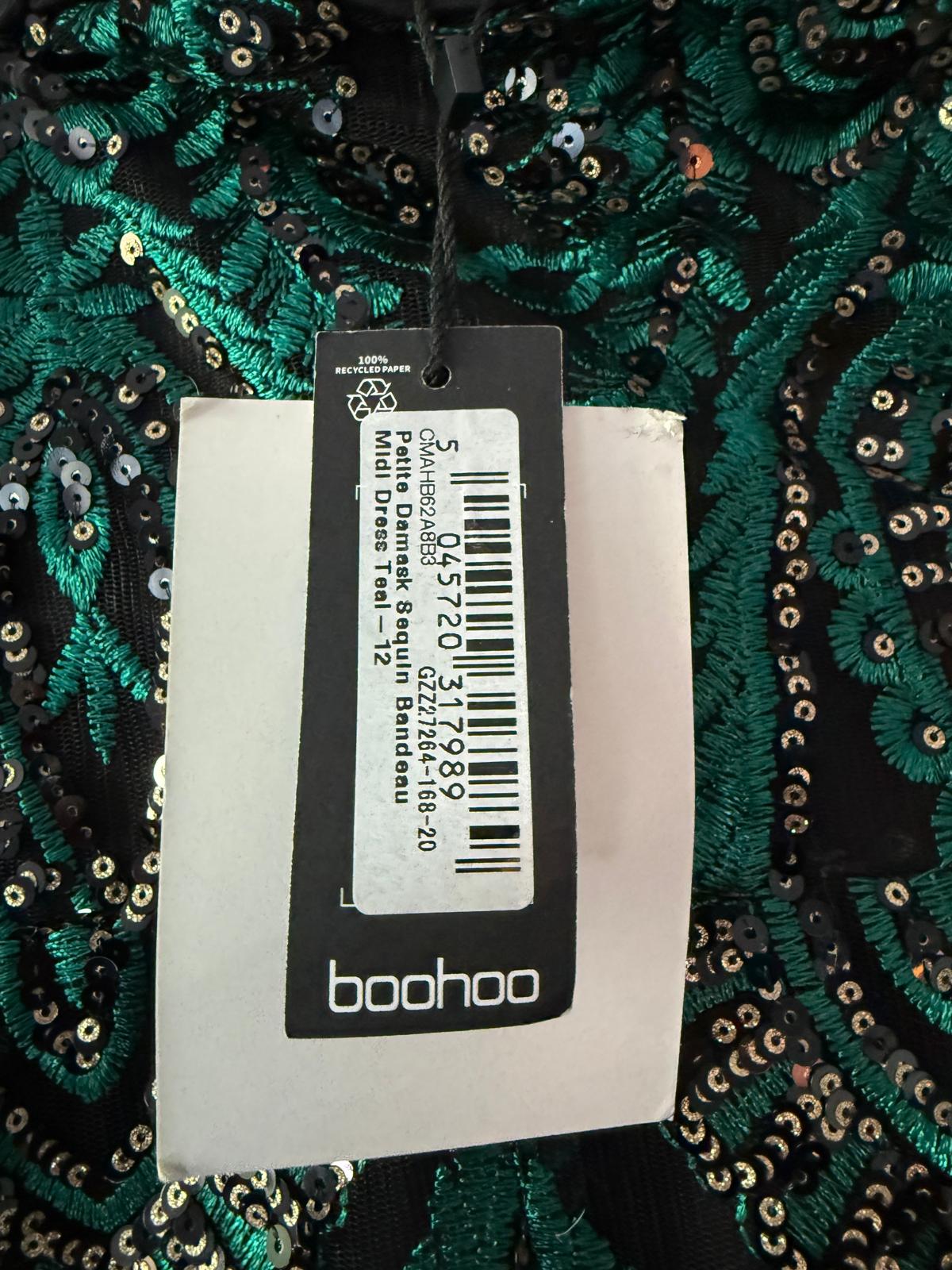 Boohoo Petite Damask Sequin Bandeau Midi Dress – Teal | New With Tags | Size 12