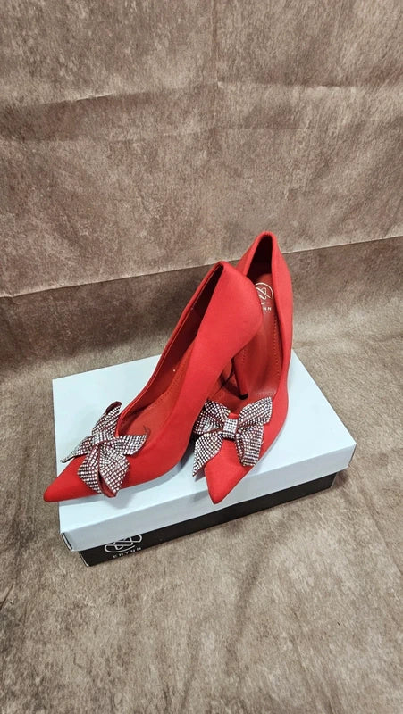 New ERYNN Red Rhinestone Bow Heels | Women's Party Shoes | EU 37 / UK 4