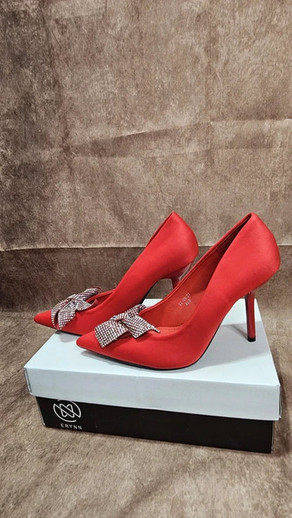 New ERYNN Red Rhinestone Bow Heels | Women's Party Shoes | EU 37 / UK 4