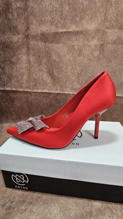 New ERYNN Red Rhinestone Bow Heels | Women's Party Shoes | EU 37 / UK 4