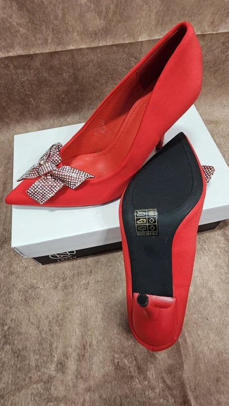New ERYNN Red Rhinestone Bow Heels | Women's Party Shoes | EU 37 / UK 4