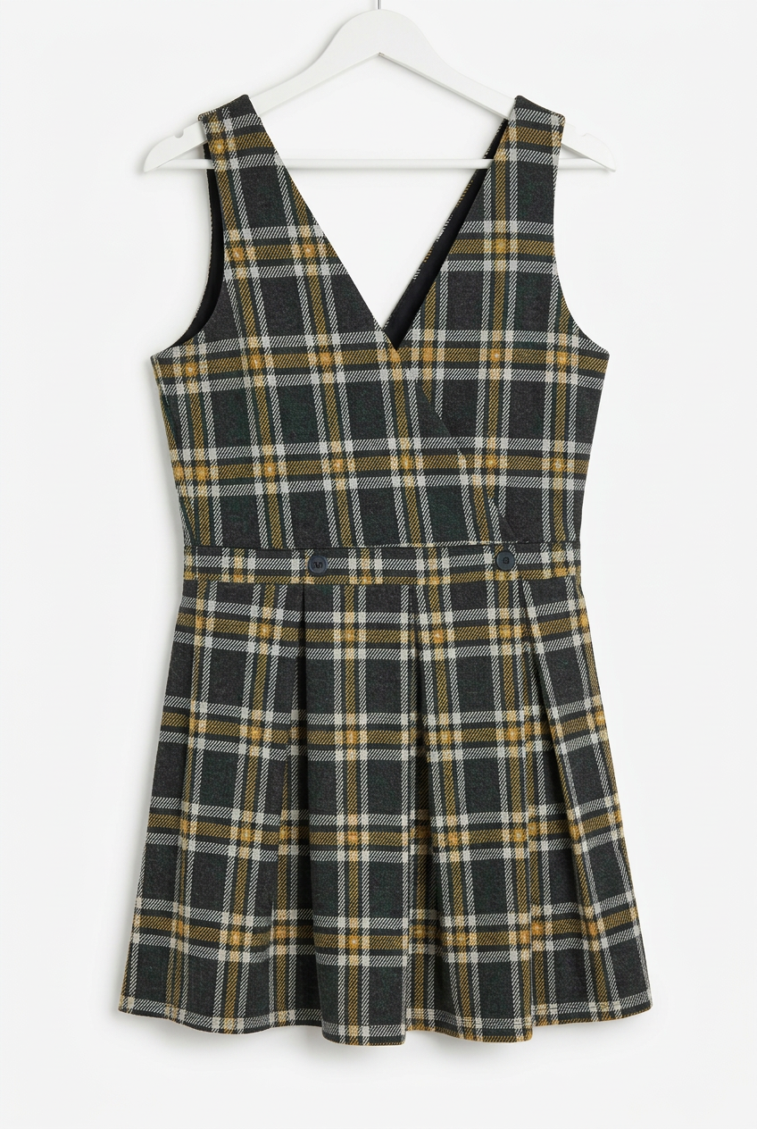 Dark green tartan mini dress – hanger full length, white background