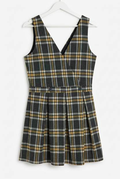 Dark green tartan mini dress – hanger full length, white background