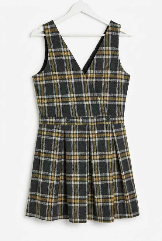 Dark green tartan mini dress – hanger full length, white background