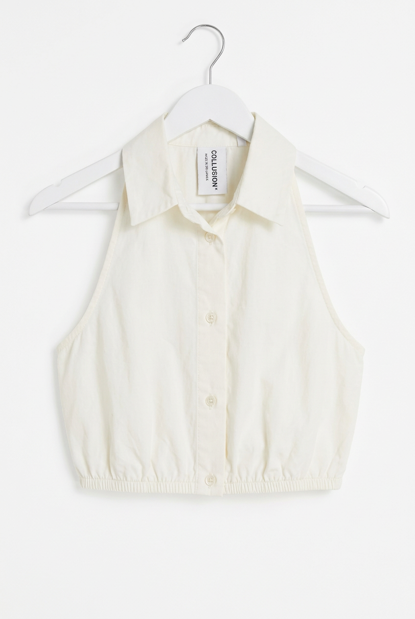 White sleeveless cropped shirt top UK 6 – front view, white background