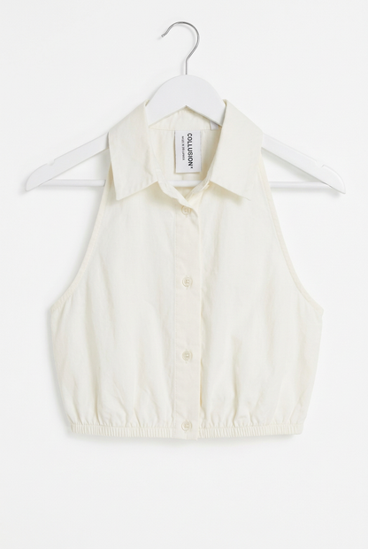 White sleeveless cropped shirt top UK 6 – front view, white background