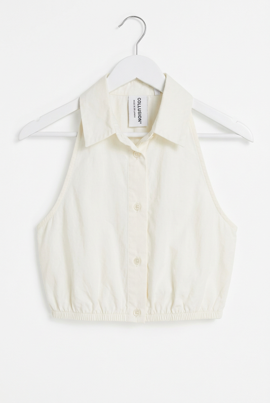 White sleeveless cropped shirt top UK 6 – front view, white background