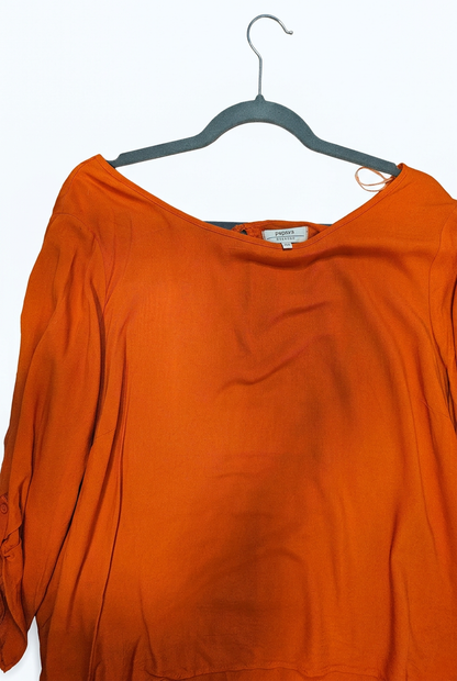 Orange blouse – neckline and Papaya label detail, white background