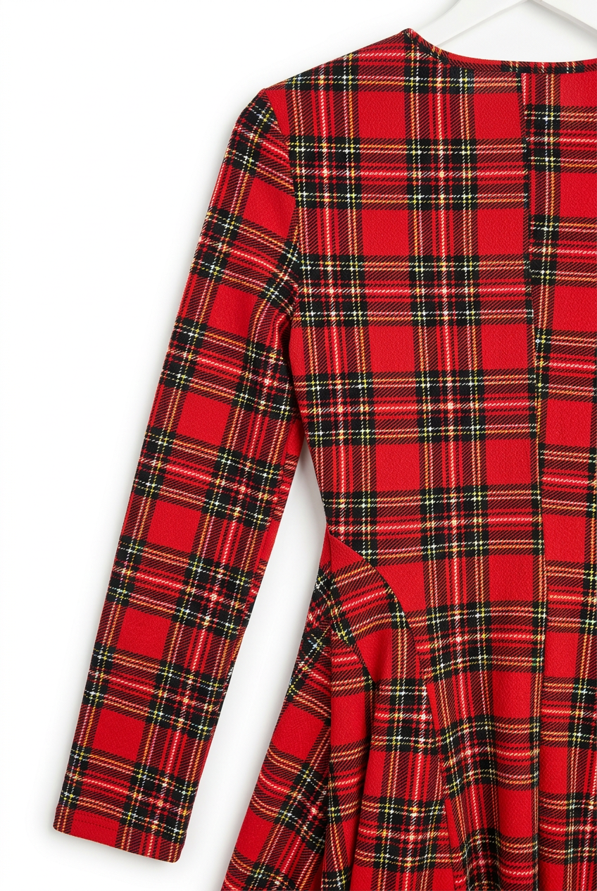 Red tartan skater dress – bodice and sleeve detail, white background