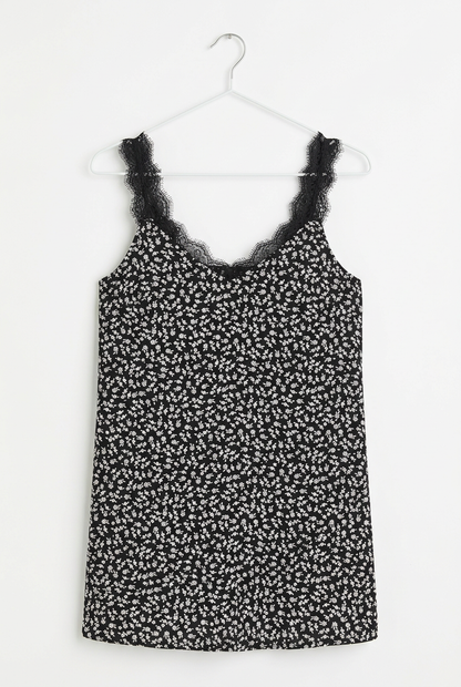 Black ditsy floral lace-trim cami top UK 6 – front view, white background