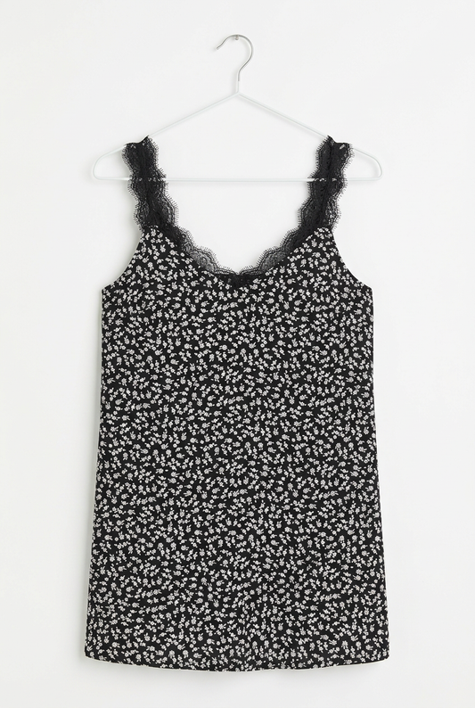 Black ditsy floral lace-trim cami top UK 6 – front view, white background