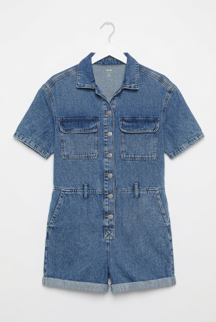 Mid-blue denim short-sleeve playsuit UK 6 – front view, white background