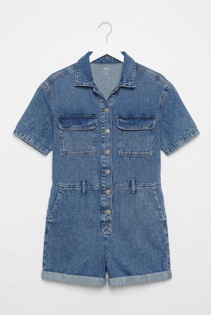 Mid-blue denim short-sleeve playsuit UK 6 – front view, white background