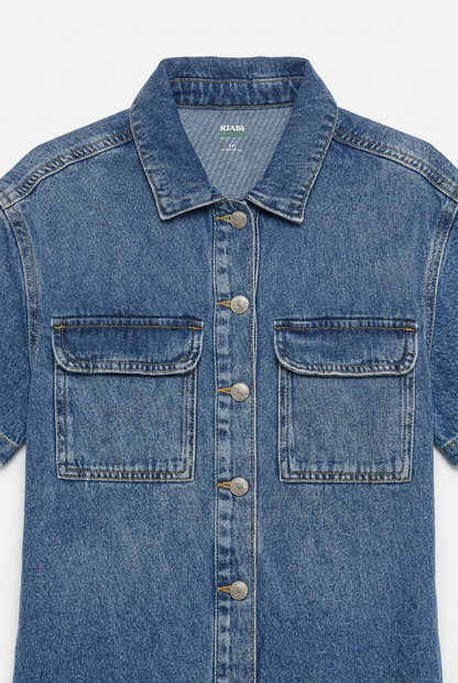 Denim playsuit – collar and chest pocket detail close-up, white background