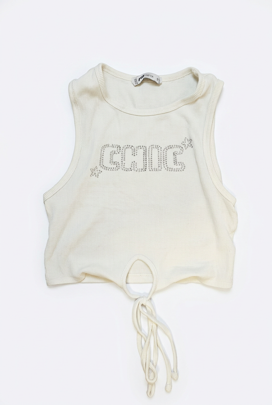 White rhinestone ribbed crop top UK 6 – front view, white background