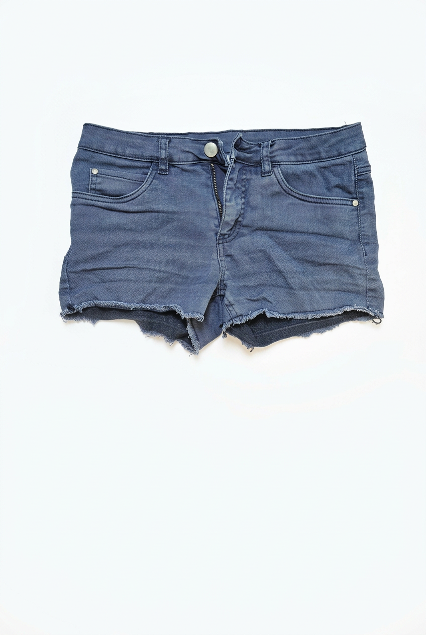 Mid-blue denim cut-off shorts UK 6 – front view, white background