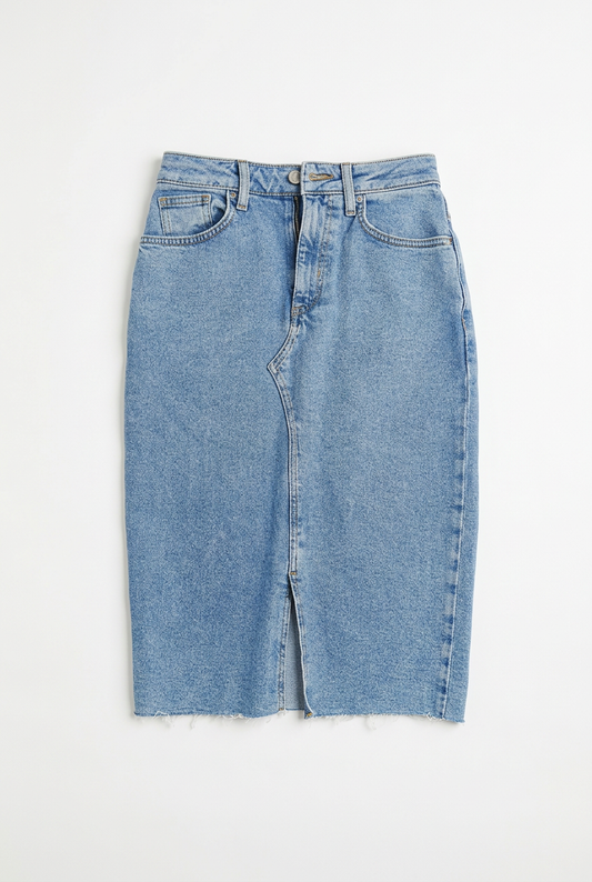 Denim Co. light wash midi pencil skirt – front view, white background