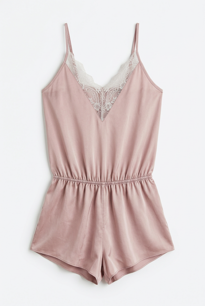 Blush satin lace-trim playsuit UK 6 – flat lay front view, white background