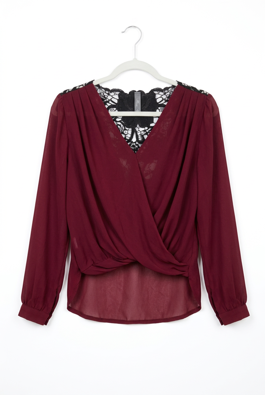 Wine chiffon wrap blouse UK 6 – front view, white background