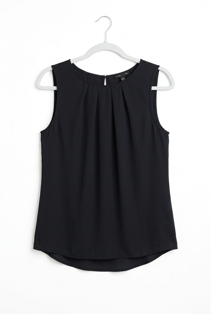 Black chiffon sleeveless shell top UK 6 – front view, white background