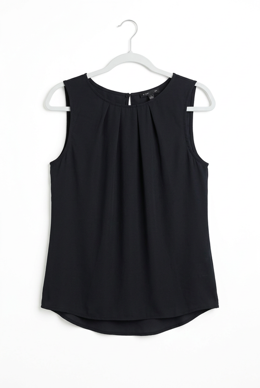 Black chiffon sleeveless shell top UK 6 – front view, white background