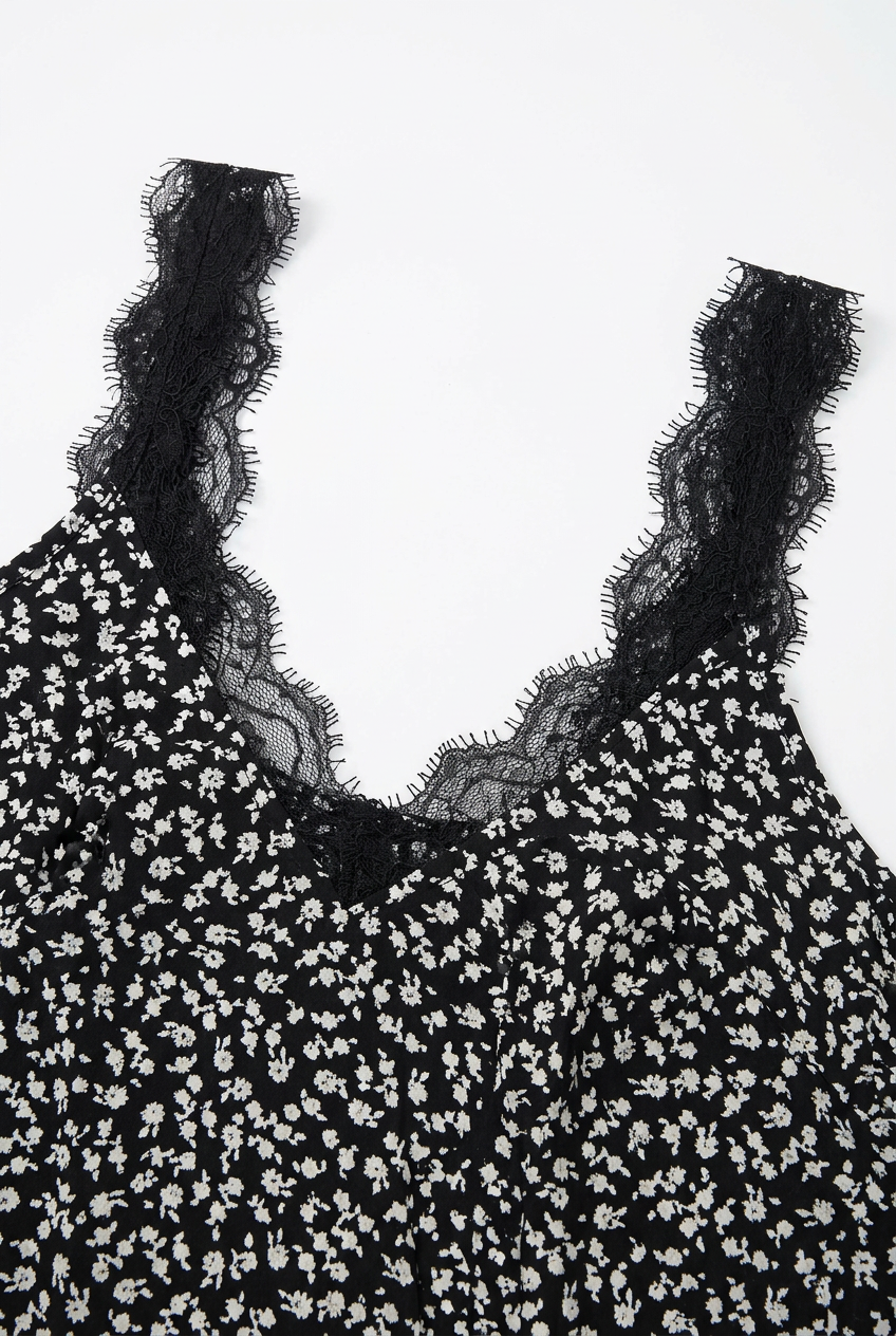 Black ditsy floral cami top – lace strap and neckline detail close-up, white background