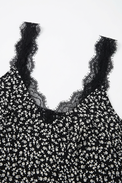 Black ditsy floral cami top – lace strap and neckline detail close-up, white background
