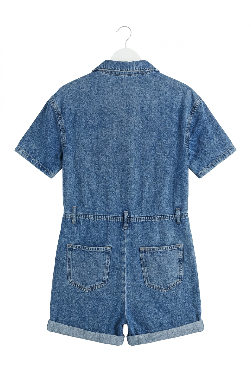 Denim playsuit – back view showing elasticated waist and back pockets, white background
