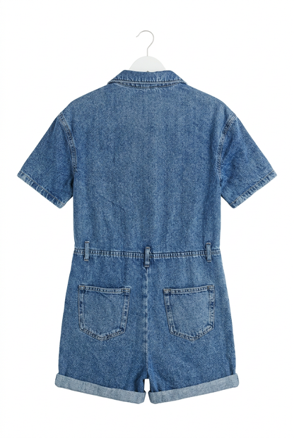 Denim playsuit – back view showing elasticated waist and back pockets, white background