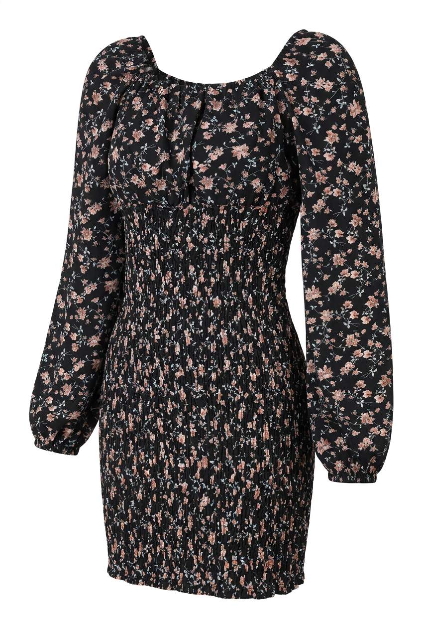 Black floral smocked mini dress – three-quarter view, white background