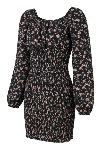 Black floral smocked mini dress – three-quarter view, white background