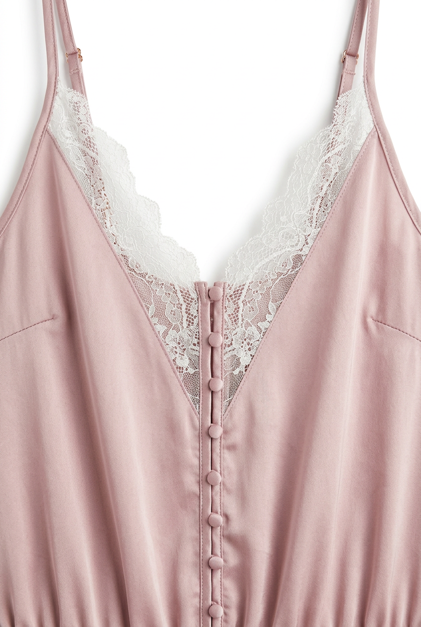 Blush satin playsuit – lace neckline close-up, white background