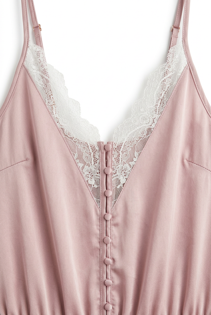 Blush satin playsuit – lace neckline close-up, white background