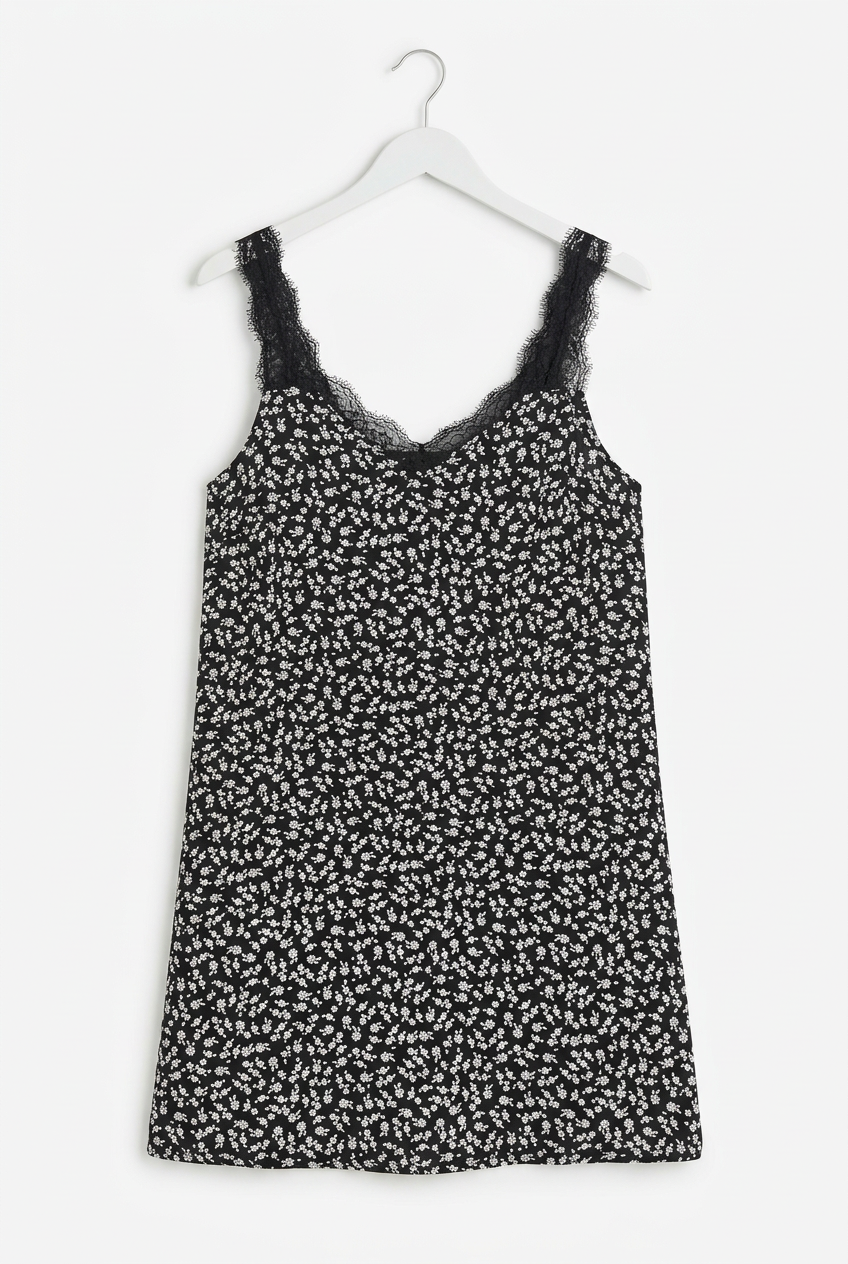 Black ditsy floral cami top – full length angled view, white background