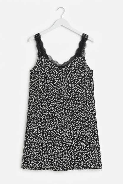 Black ditsy floral cami top – full length angled view, white background
