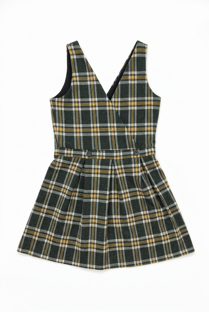 Dark green tartan pleated mini dress UK 6 – flat lay front, white background