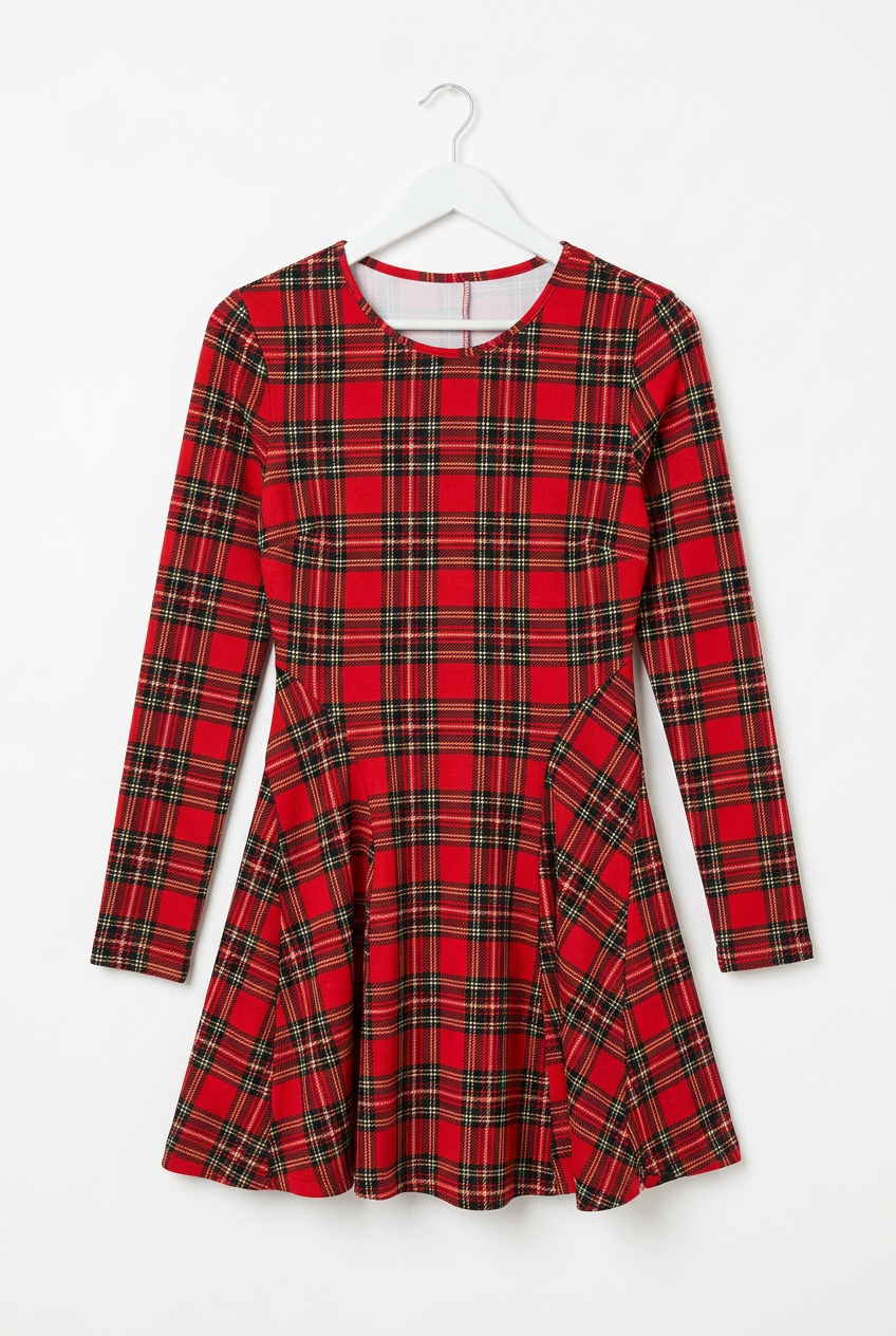 Red tartan long-sleeve skater dress UK 6 – front view, white background