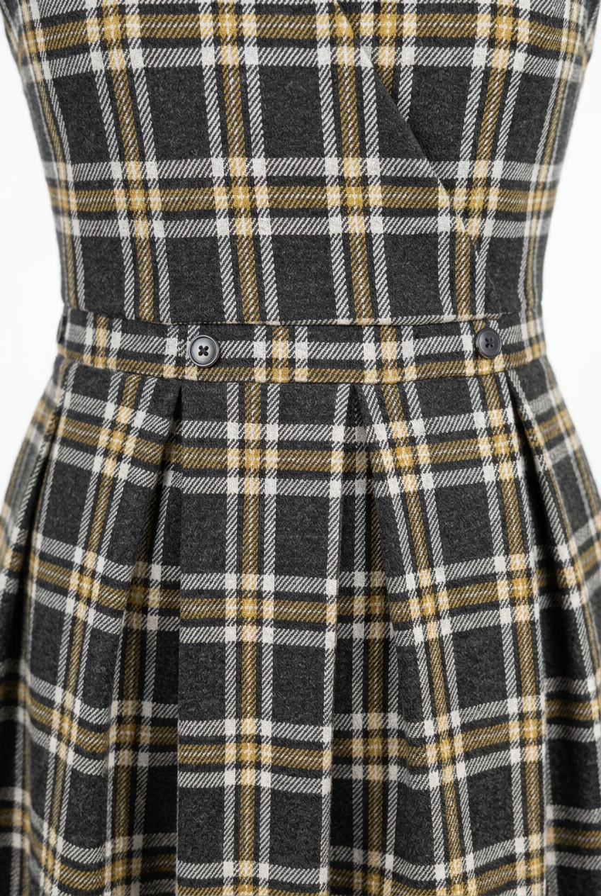 Dark green tartan mini dress – waist button and pleat detail, white background