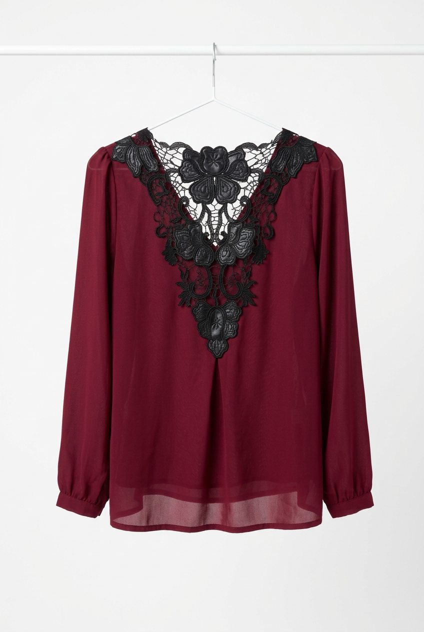 Wine chiffon wrap blouse – back view showing black floral lace panel, white background