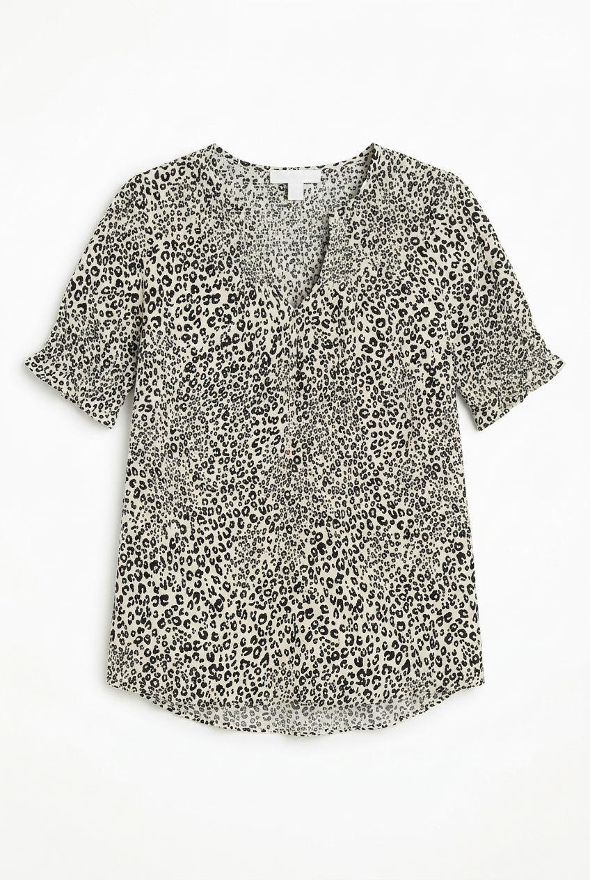 White leopard print smocked blouse UK 6 – flat lay front view, white background