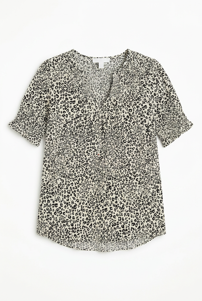 White leopard print smocked blouse UK 6 – flat lay front view, white background