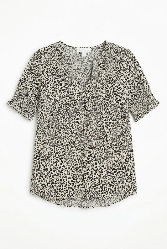 White leopard print smocked blouse UK 6 – flat lay front view, white background