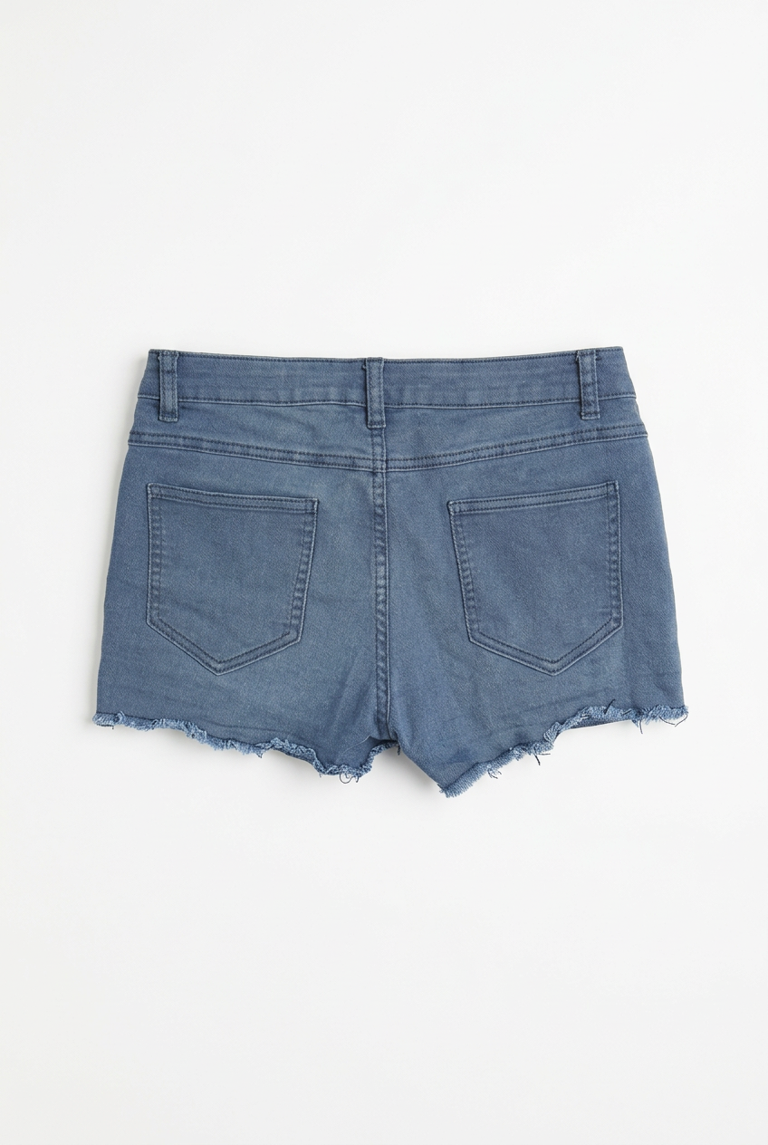 Mid-blue denim cut-off shorts – back view, white background