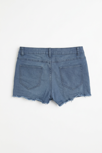 Mid-blue denim cut-off shorts – back view, white background