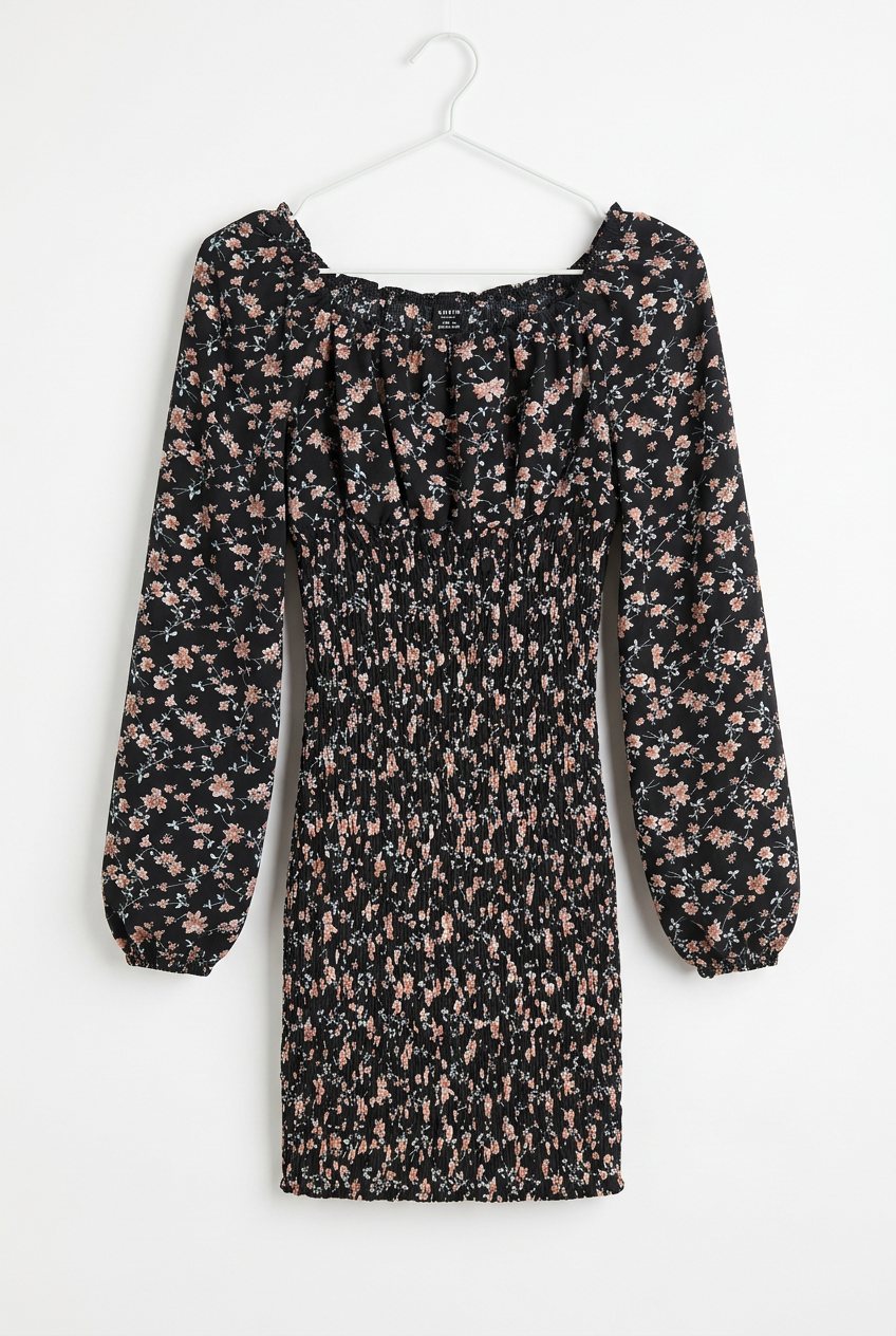 Black floral smocked mini dress UK 6 – front view, white background