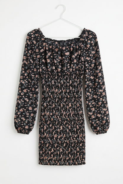 Black floral smocked mini dress UK 6 – front view, white background
