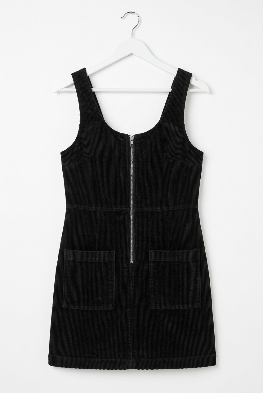 Black corduroy pinafore mini dress UK 6 – front view, white background